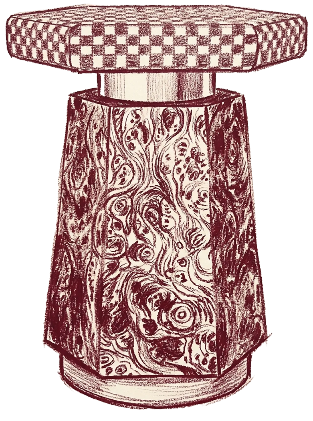 Croquis à l'encre bordeaux du tabouret