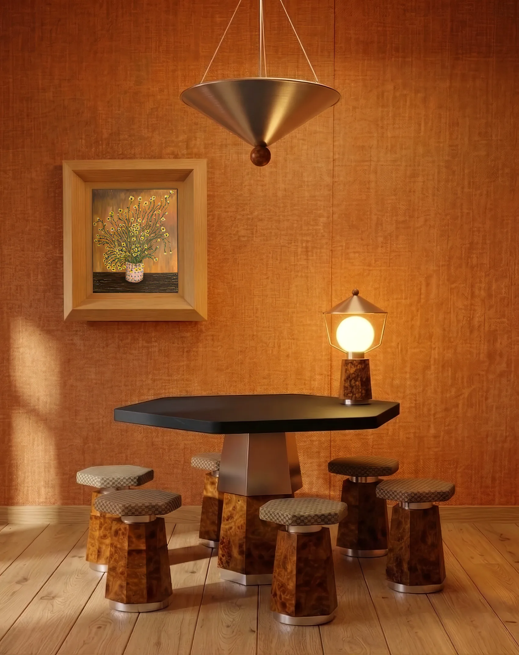 La collection de mobilier sacré studio : table, tabourets, suspension et lampe