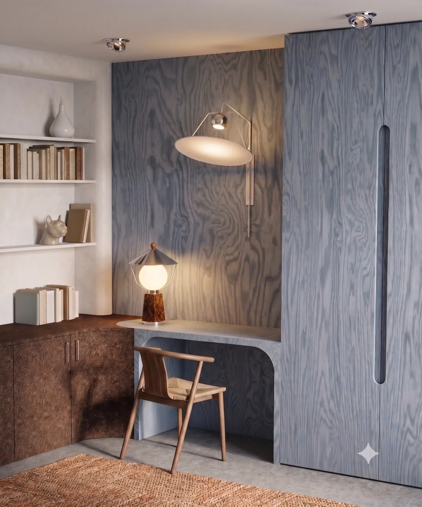 Le bureau : lambris bleuté, plan de travail dessiné sur mesure et lampe en ronce de noyer
